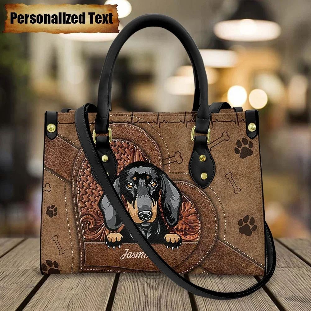Luxury Bags Brand Names - กระเป๋าสะพายหนังสำหรับผู้หญิง พิมพ์ลายสุนัขดัชชุนด์น่ารัก พร้อมสลักชื่อส่วนตัว กระเป๋าถือลำลอง ดีไซน์แบรนด์หรูหรา กระเป๋าโท้ท